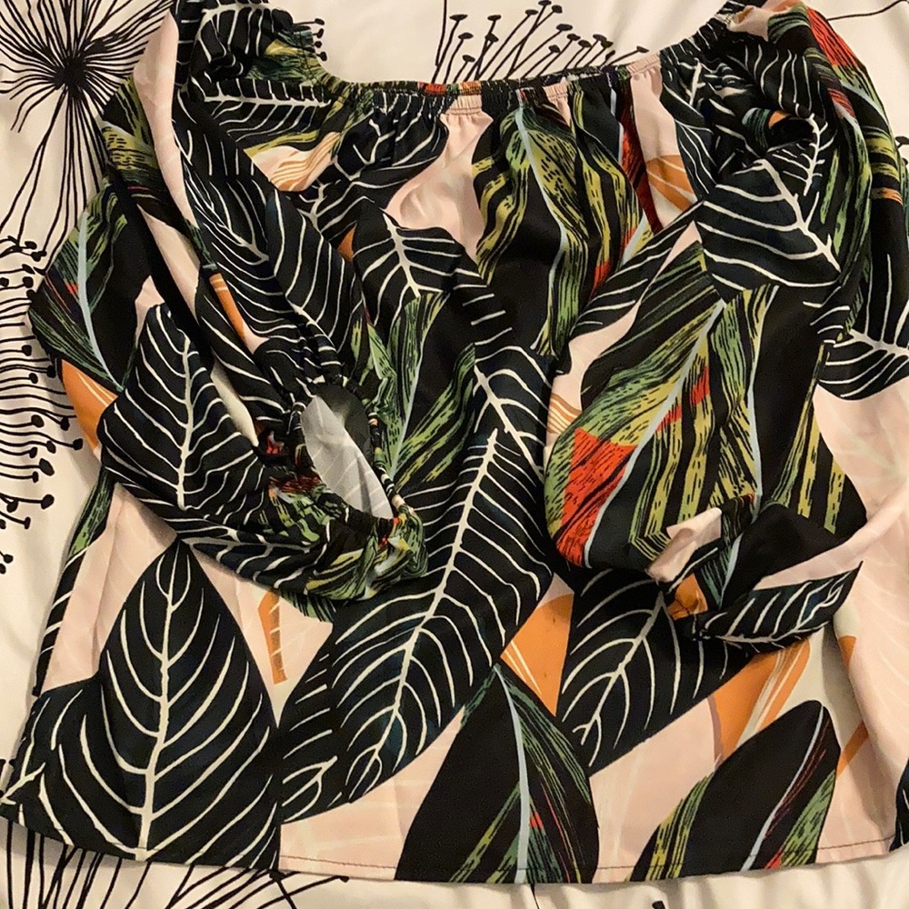 Tropical off the shoulder top with 3/4 balloon sleeves